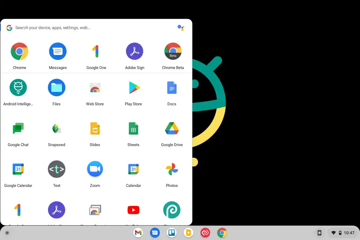 Menu aplikacji na ekranie Chrome OS: Chrome, Wiadomości, Google One, Adobe Sign, Chrome Beta, Android, Pliki, Sklep Play, Dokumenty, Czat Google, Snapseed, Prezentacje, Arkusze, Dysk Google, Kalendarz Google, Tekst, Zoom, Kalendarz, Zdjęcia.