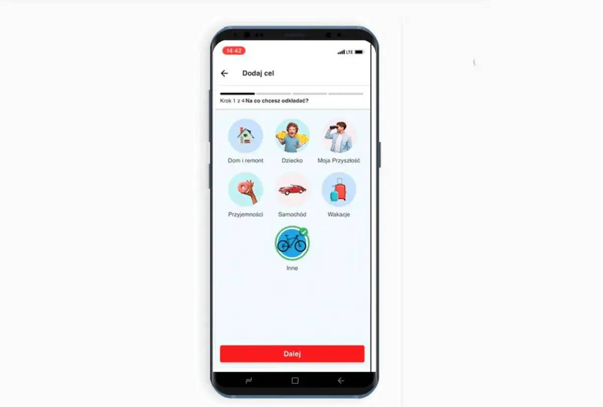 Ekran aplikacji mobilnej Santander z opcjami celów oszczędnościowych: dom, dziecko, przyszłość, przyjemności, samochód, wakacje i inne.