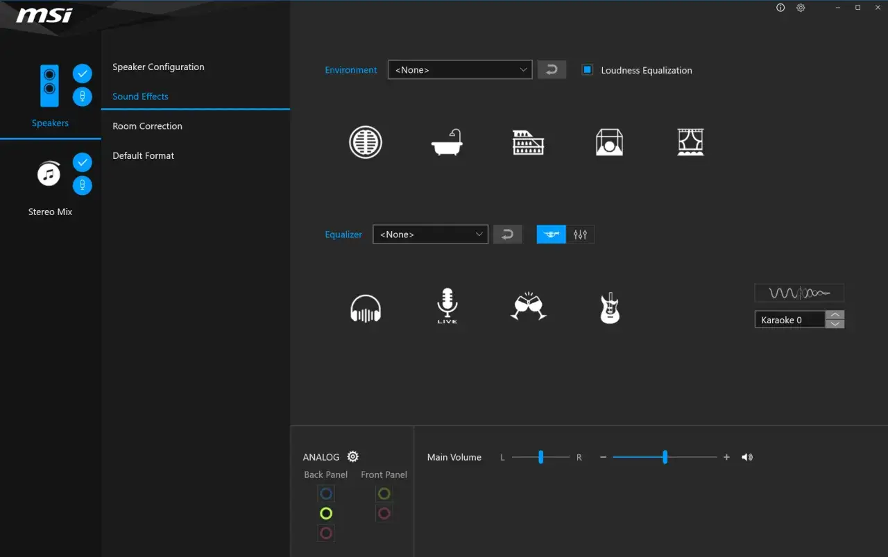 Panel sterowania Realtek Audio: efekty dźwiękowe, korektor, głośność i ustawienia mikrofonu.