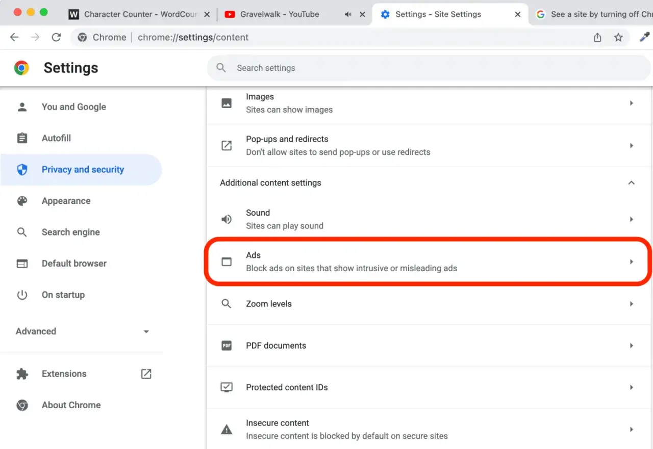 Ustawienia Chrome: sekcja