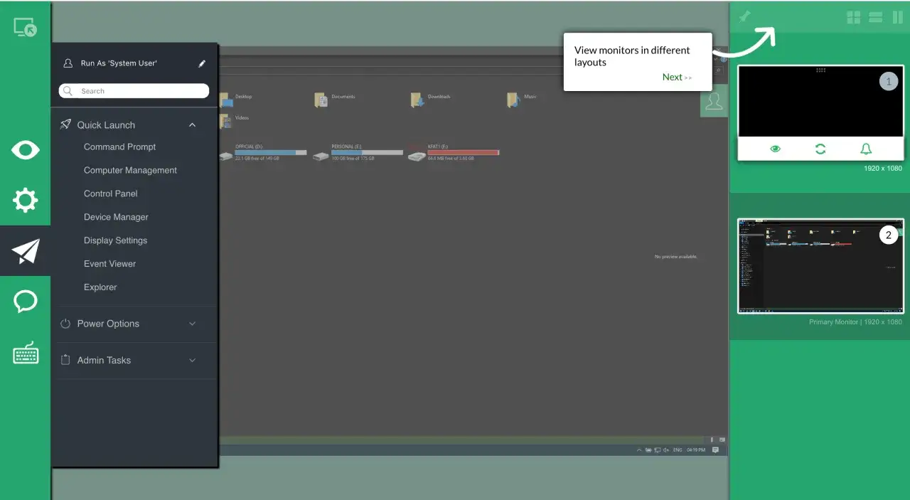 Widok pulpitu z menu po lewej, przypominający interfejs TeamViewer. Widoczne okno z podglądem monitorów.