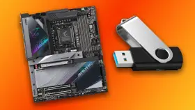 Płyta główna AORUS i pendrive gotowe do aktualizacji BIOS.