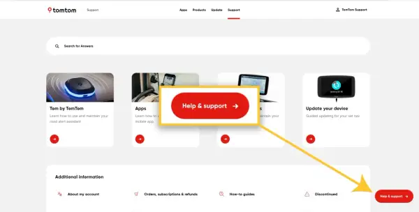 Strona wsparcia TomTom. Kliknij "Help & support", aby uzyskać pomoc.