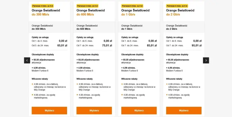 Porównanie ofert Orange Światłowód. Sprawdź, jak sprawdzić ile mam internetu w Orange, przeglądając ceny i prędkości.