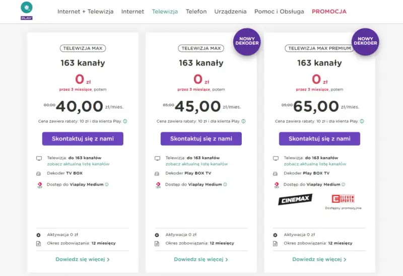 Oferty Play: Telewizja Max z 163 kanałami za 40 zł/mies., Max z dekoderem za 45 zł/mies. i Max Premium za 65 zł/mies. Sprawdź nasze upc pakiety!