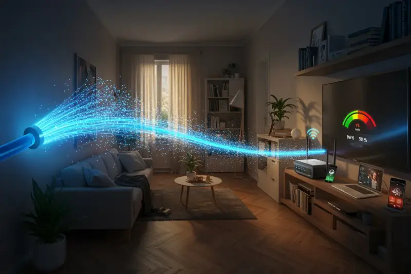 Światłowód dostarcza szybki internet do salonu, gdzie router zapewnia stabilne wifi 4. Telewizor pokazuje wskaźnik prędkości.
