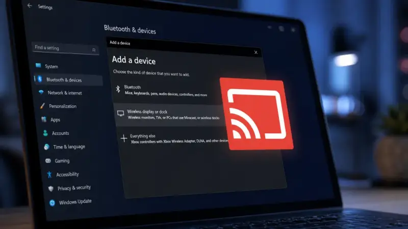 Ustawienia Windows 11: dodawanie urządzenia bezprzewodowego, np. przez Miracast.
